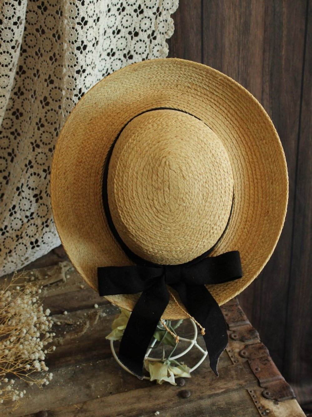 Vintage 1990s 2000s Hat, Scala Straw Wide Brimmed Sunhat with Black Ribbon, Mill